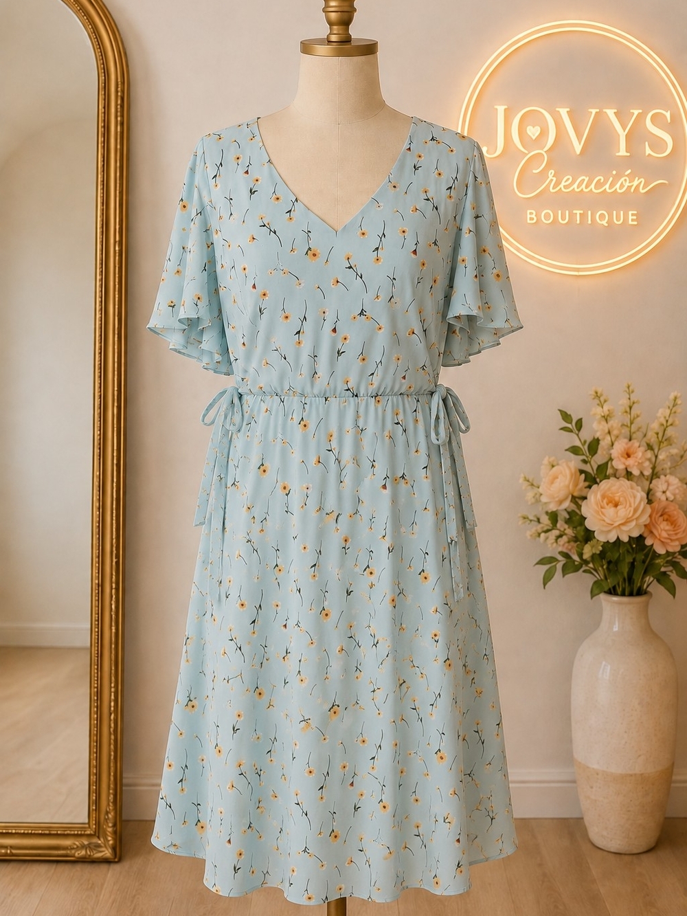 C Pale Blue Floral V-Neck Midi Dress with Tie Waist